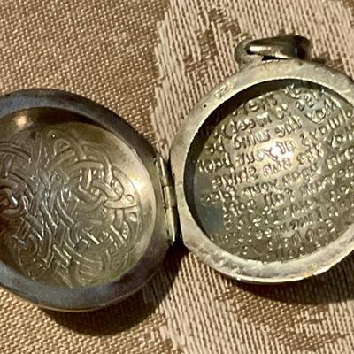 925 Sterling locket has Celtic knot on one side prayer on other side