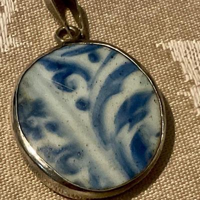 Antique pottery shard in sterling bezel, blue and white