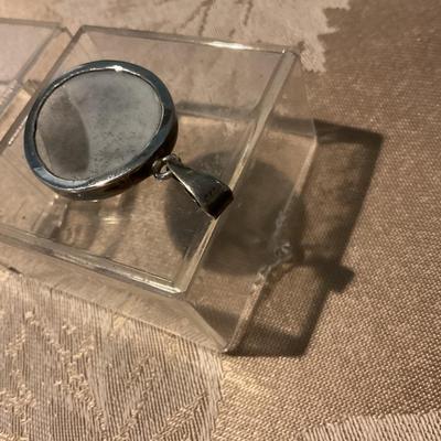 Antique pottery shard in sterling bezel, blue and white