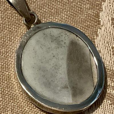 Antique pottery shard in sterling bezel, blue and white