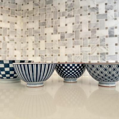 Japanese Rice bowls in Blue and White Set of 4 - 1 large & 3 small
