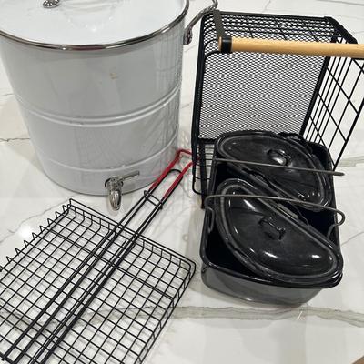 Drink Dispenser, wire basket, grill pan, and covered pan