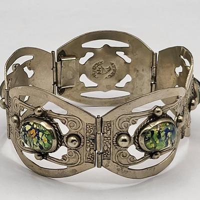 Mexico Silver Panel Bracelet Art Glass Stones 41.5gr
