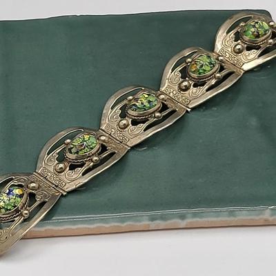 Mexico Silver Panel Bracelet Art Glass Stones 41.5gr