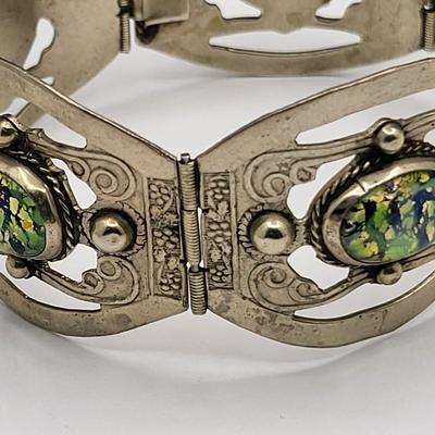 Mexico Silver Panel Bracelet Art Glass Stones 41.5gr