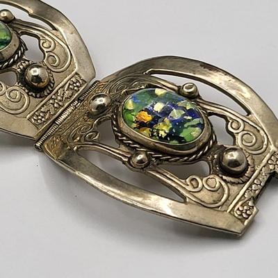 Mexico Silver Panel Bracelet Art Glass Stones 41.5gr
