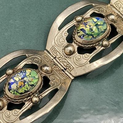 Mexico Silver Panel Bracelet Art Glass Stones 41.5gr