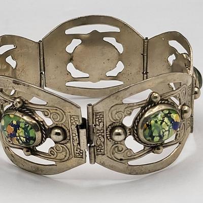 Mexico Silver Panel Bracelet Art Glass Stones 41.5gr