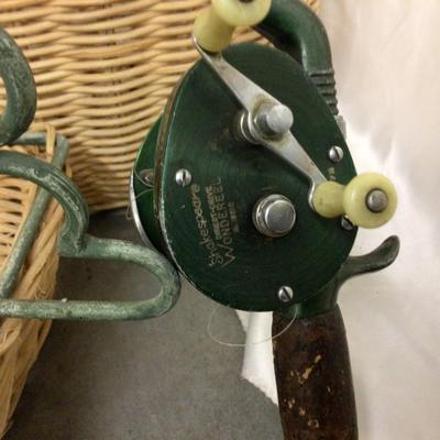 Two Wicker and Metal Fish Baskets And Shakespeare Fishing Rod and Reel