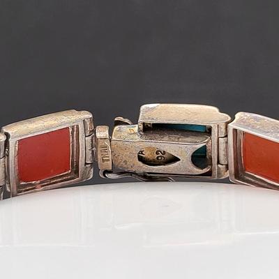 Square Turquoise & Carnelian Inlay Link Bracelet 26.3gr
