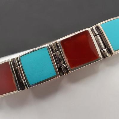Square Turquoise & Carnelian Inlay Link Bracelet 26.3gr