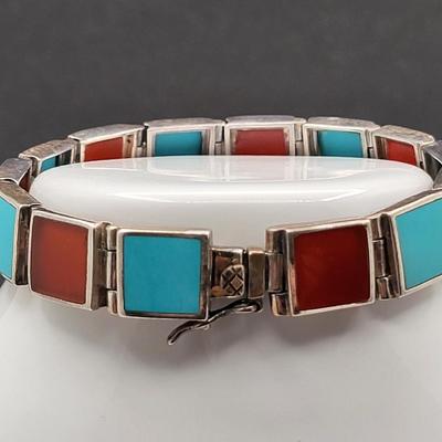 Square Turquoise & Carnelian Inlay Link Bracelet 26.3gr