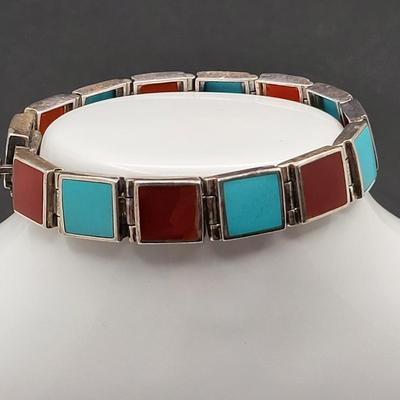 Square Turquoise & Carnelian Inlay Link Bracelet 26.3gr