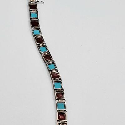 Square Turquoise & Carnelian Inlay Link Bracelet 26.3gr