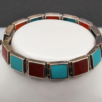 Square Turquoise & Carnelian Inlay Link Bracelet 26.3gr