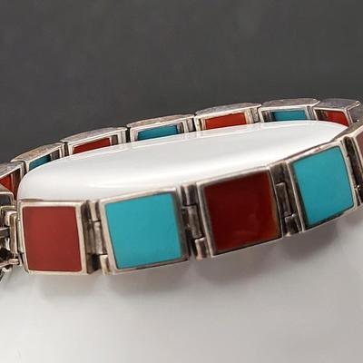 Square Turquoise & Carnelian Inlay Link Bracelet 26.3gr