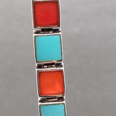 Square Turquoise & Carnelian Inlay Link Bracelet 26.3gr