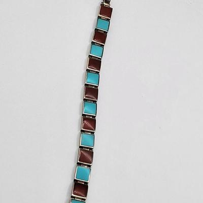 Square Turquoise & Carnelian Inlay Link Bracelet 26.3gr