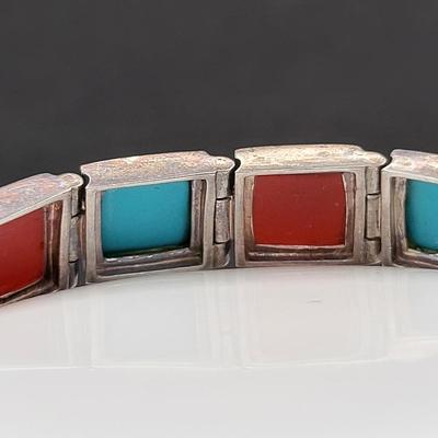Square Turquoise & Carnelian Inlay Link Bracelet 26.3gr