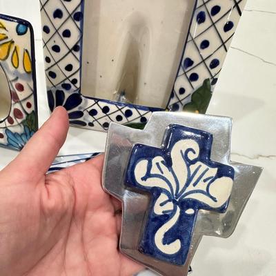 Mexican Pottery items. Frames, coasters and cross.