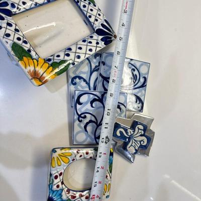 Mexican Pottery items. Frames, coasters and cross.