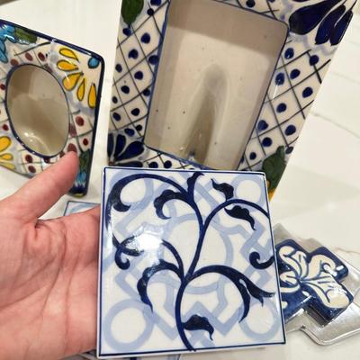 Mexican Pottery items. Frames, coasters and cross.