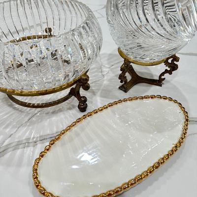 Glass Rose Bowls with stands and a small platter