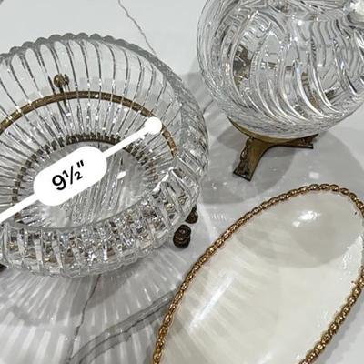 Glass Rose Bowls with stands and a small platter