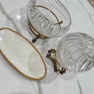Glass Rose Bowls with stands and a small platter