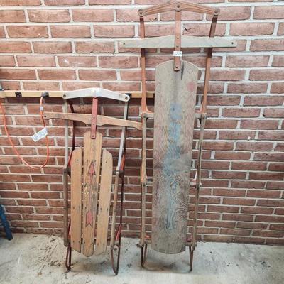 2 Vintage Snow Sleds Flexible Flyer Yankee Clipper Winter Decor