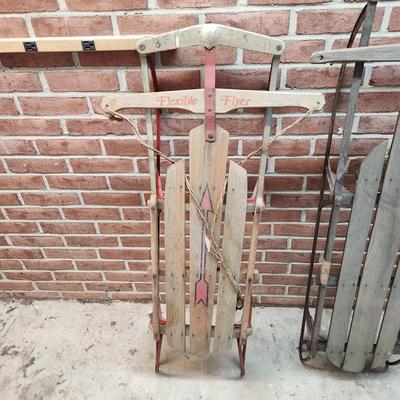 2 Vintage Snow Sleds Winter Decor Flexible Flyer
