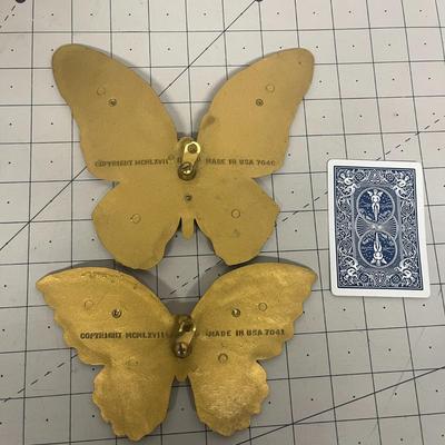 Vintage Pair 1960's Gold Butterfly Plastic Wall Decor With Small Artificial Planet