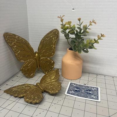 Vintage Pair 1960's Gold Butterfly Plastic Wall Decor With Small Artificial Planet