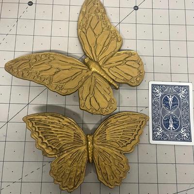 Vintage Pair 1960's Gold Butterfly Plastic Wall Decor With Small Artificial Planet