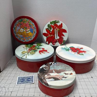 Vintage Christmas Tin, Round Metal Box