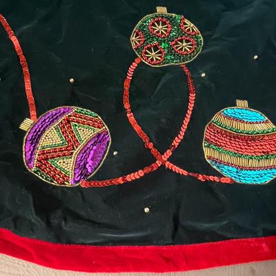 Vintage Christmas Tree Skirt, Hand Beaded Tree Skirt