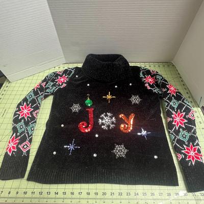 Womens Mediun Joy Black Sequin Knit Cowl Neck Christmas Holiday Winter Sweater Top