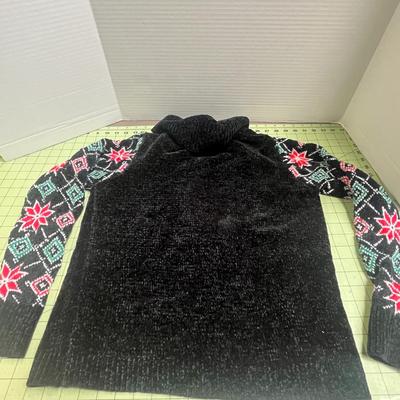 Womens Mediun Joy Black Sequin Knit Cowl Neck Christmas Holiday Winter Sweater Top