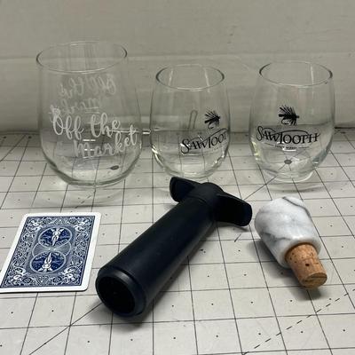 3 Wine Glasses, Marble Cork and Wine opener