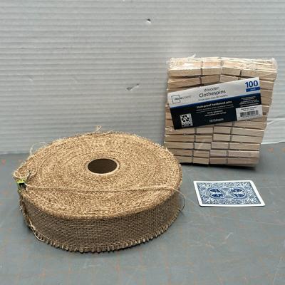 Roll of Woven Brown Burlap &Wood Clothes Pins