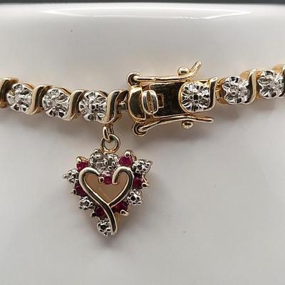 Gold Over Silver Tennis Bracelet Rubies Heart Charm 10.9gr