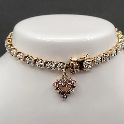 Gold Over Silver Tennis Bracelet Rubies Heart Charm 10.9gr