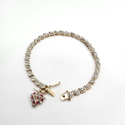 Gold Over Silver Tennis Bracelet Rubies Heart Charm 10.9gr