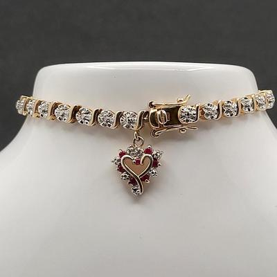Gold Over Silver Tennis Bracelet Rubies Heart Charm 10.9gr