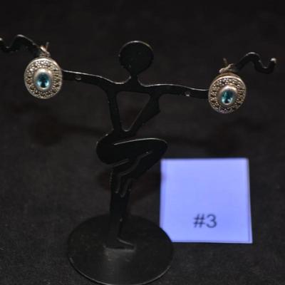 925 Sterling Earrings w/ Marcasite/Aqua Glass 3.3g
