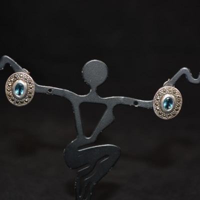 925 Sterling Earrings w/ Marcasite/Aqua Glass 3.3g