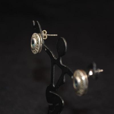 925 Sterling Earrings w/ Marcasite/Aqua Glass 3.3g