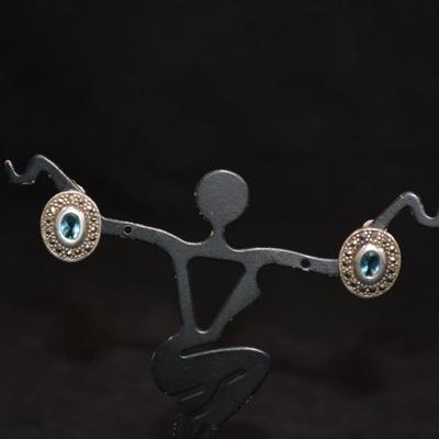 925 Sterling Earrings w/ Marcasite/Aqua Glass 3.3g