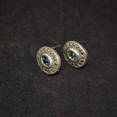 925 Sterling Earrings w/ Marcasite/Aqua Glass 3.3g