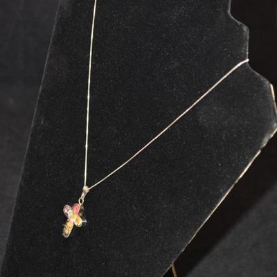 925 Sterling Box Chain w/ Flowers in Resin Cross Pendant 18”, 4.5g